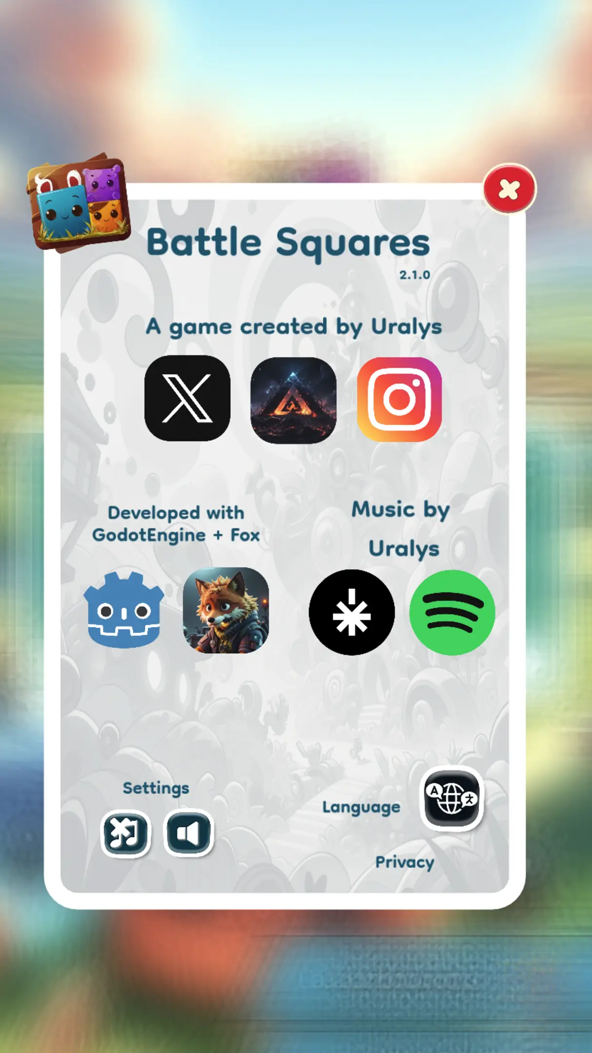 Battle Squares: about screen
