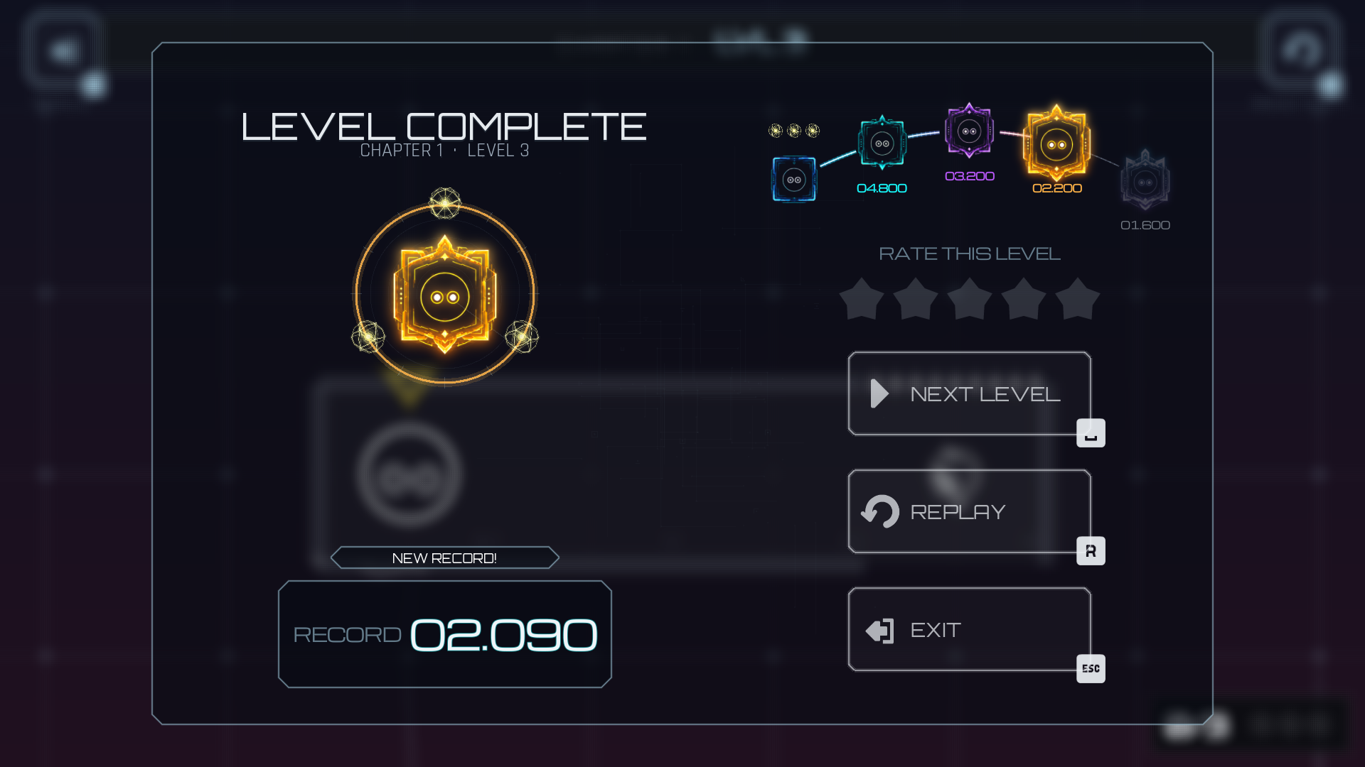 Level complete: medals and best time