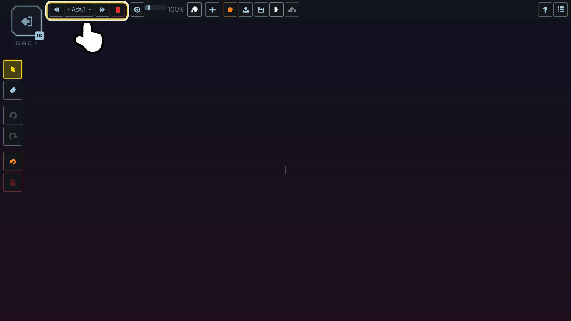 A new, empty level: the level switcher at the left of the top band