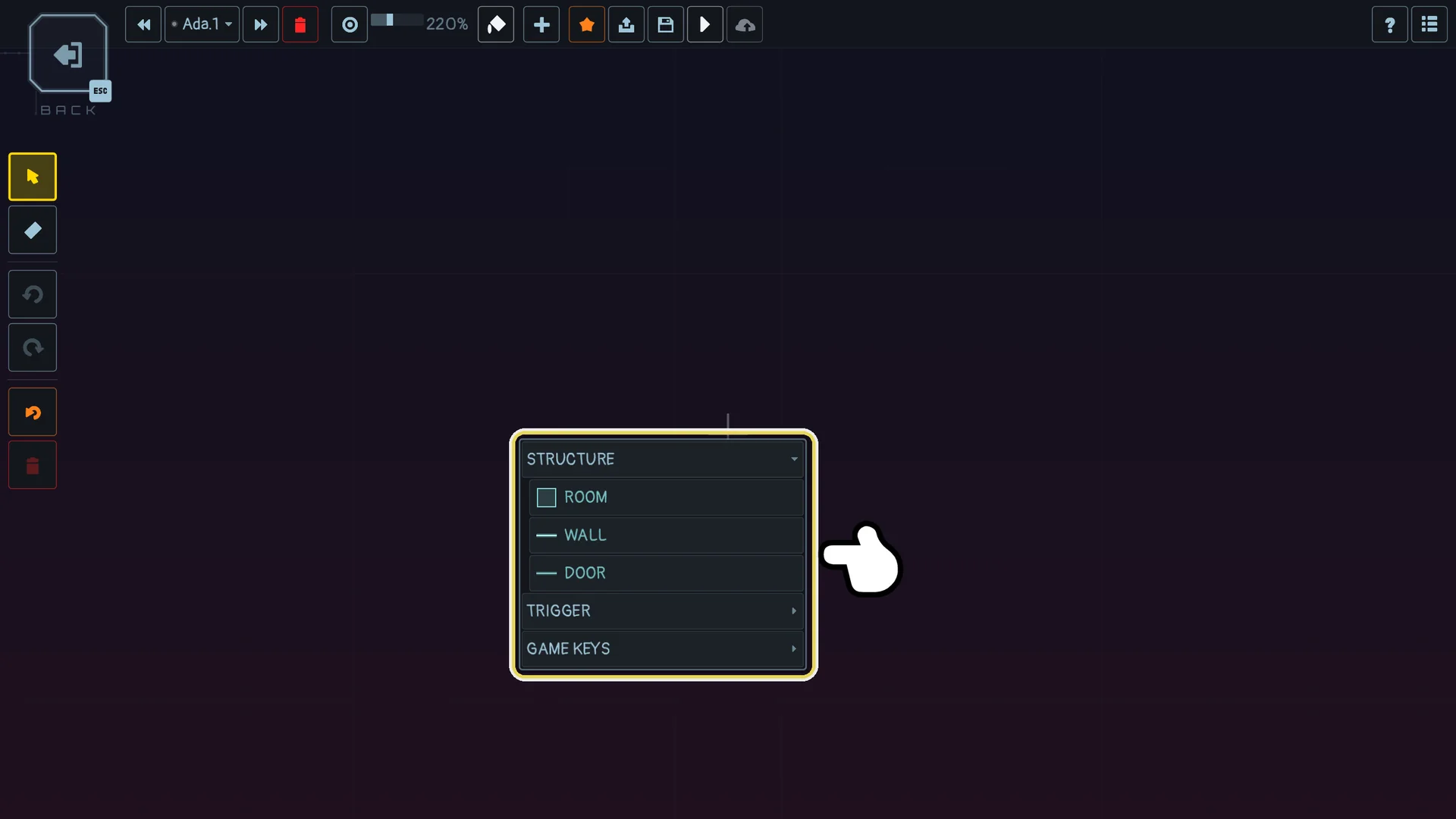 The add menu, STRUCTURE open: ROOM, WALL and DOOR