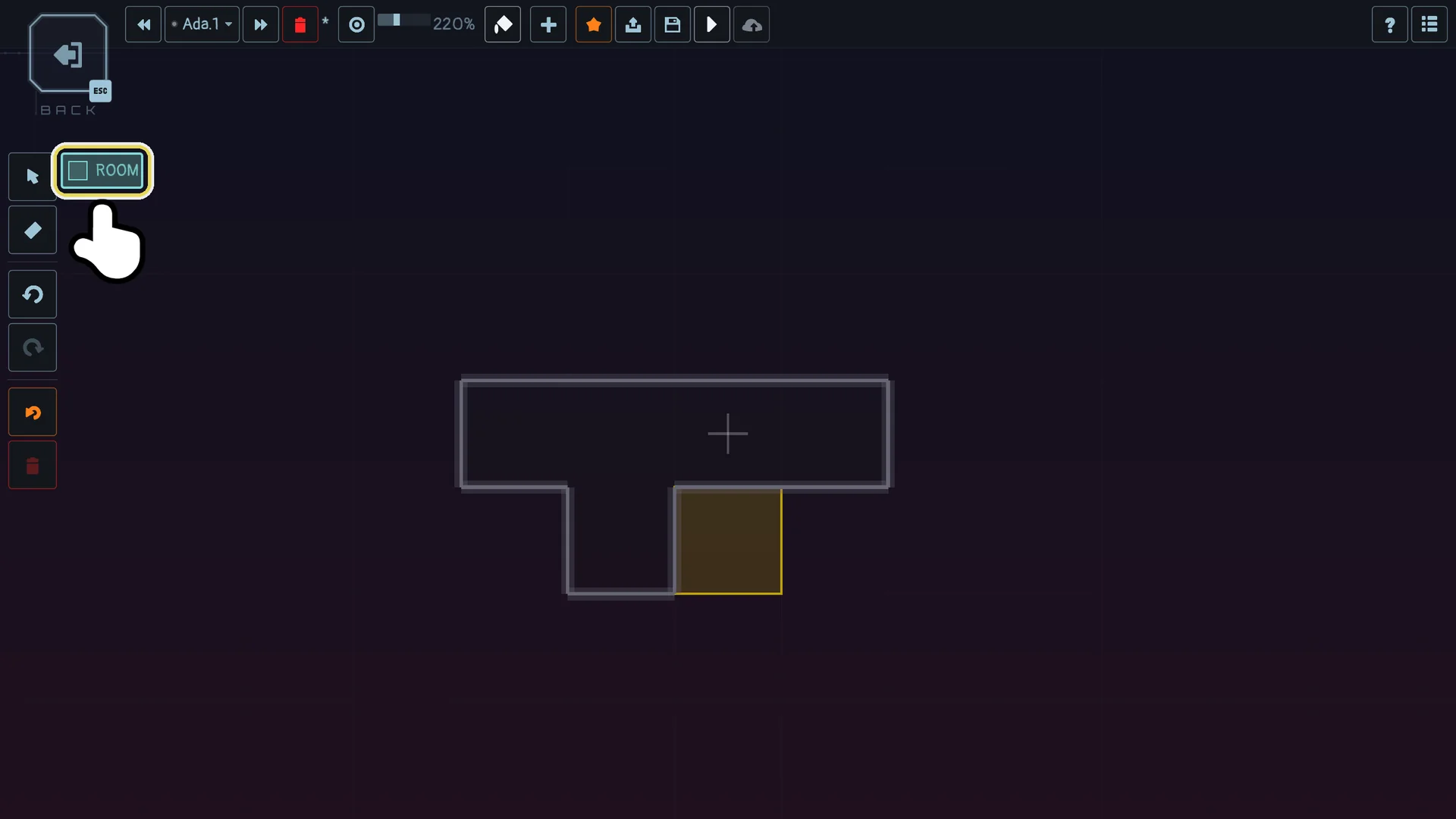 ROOM armed: the chip shows what the next click places