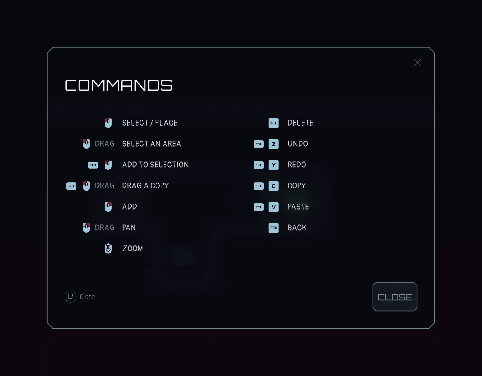 The commands pop-up, opened by ? or F1