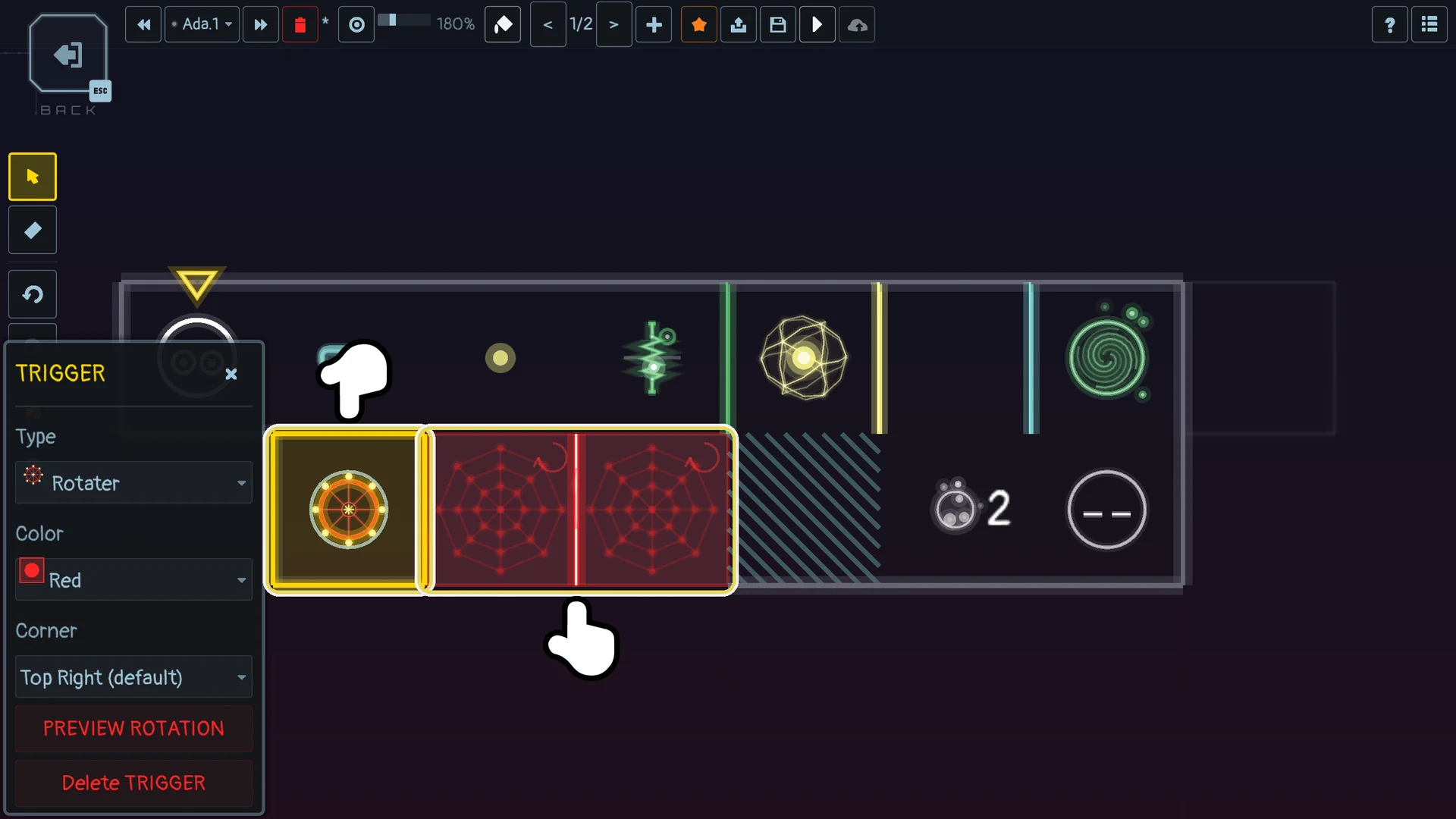PREVIEW ROTATION: the red block turned a quarter, as the ROTATER will do in the game