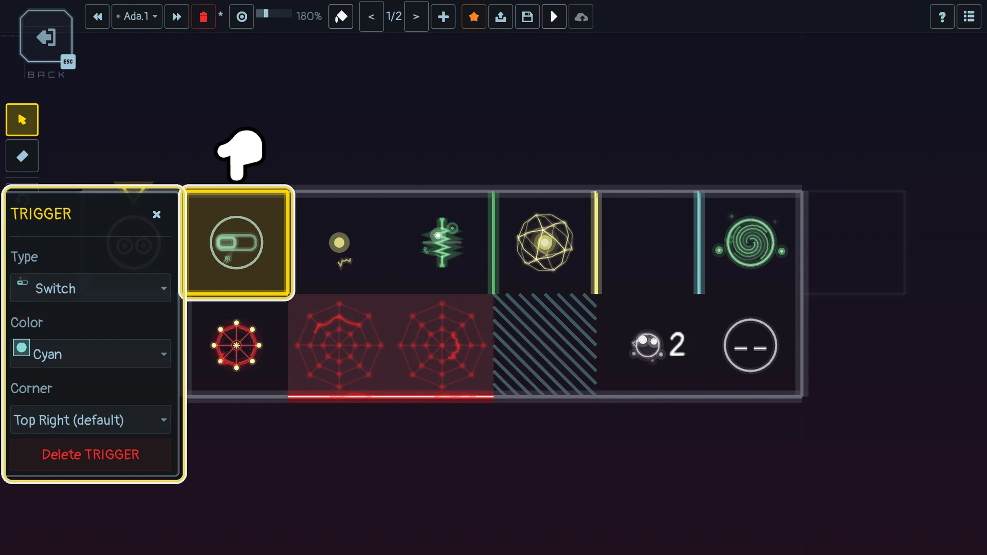 The pop-up of a SWITCH: type, colour and corner of its replay button