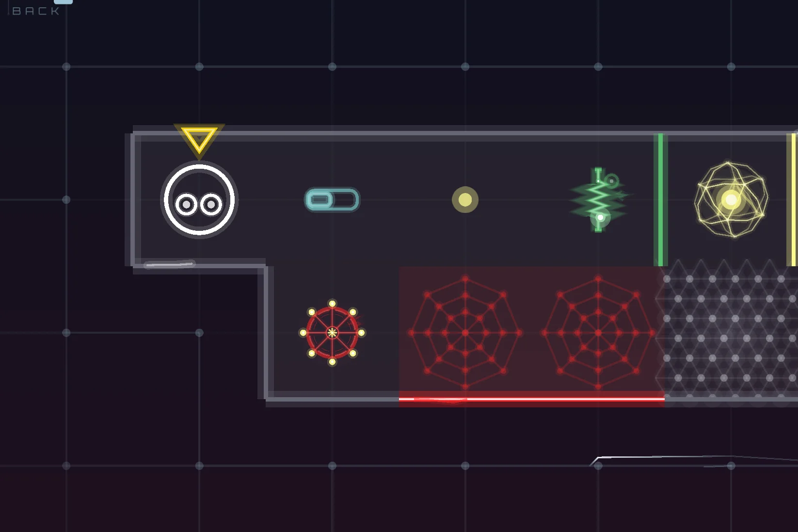 The same level in the game: SWITCH, TOGGLER and ONCE on the top row, the ROTATER and its red block below