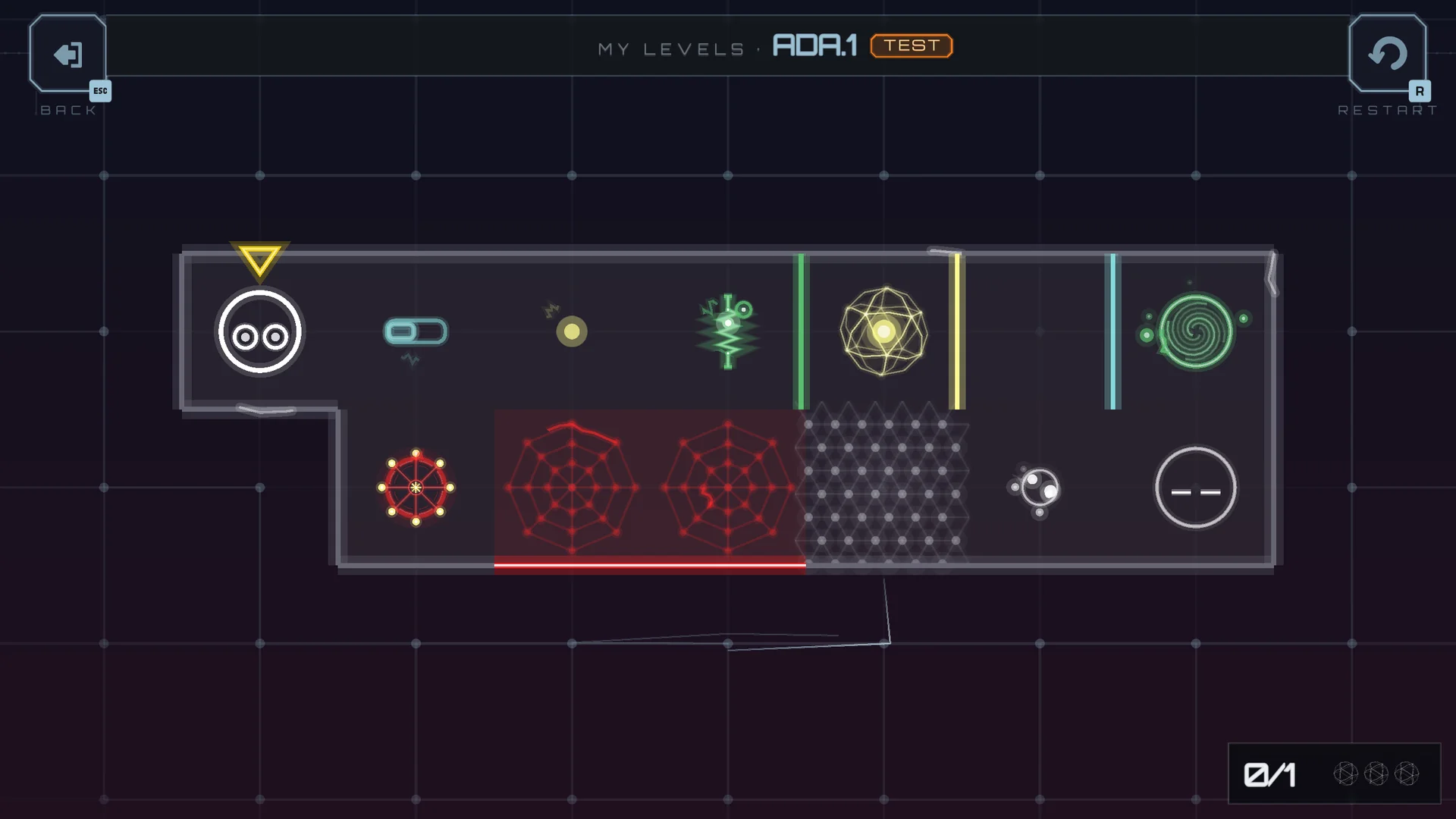 The game elements in the game: the pawn (top left) and the second pawn (bottom right, eyes closed until the player switches to it), the collectible, the hatched break room, the portal and the exit