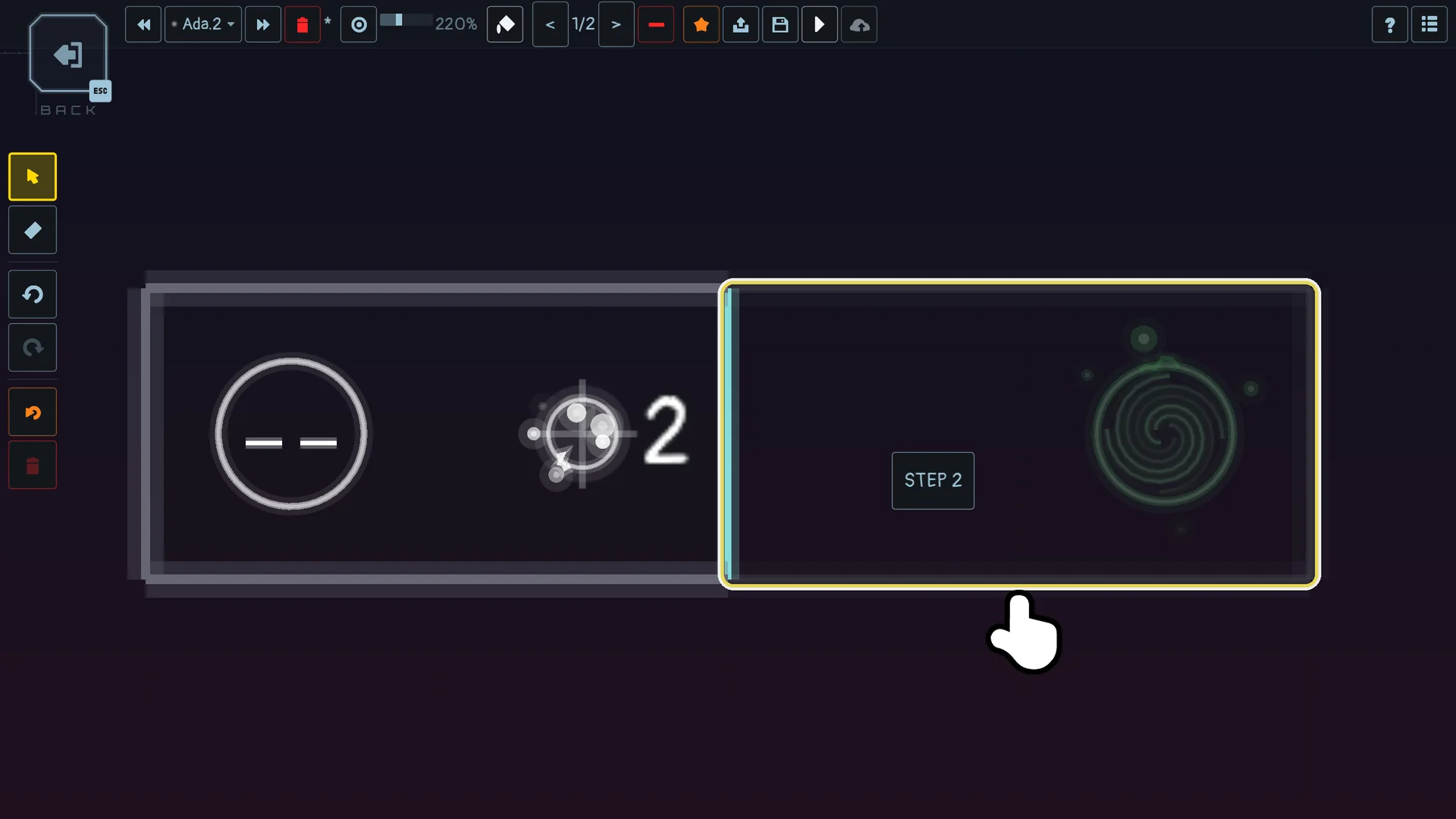 Back on step 1: pointing at the cells of step 2 lights that step up, and the portal shows the 2 of the step it opens