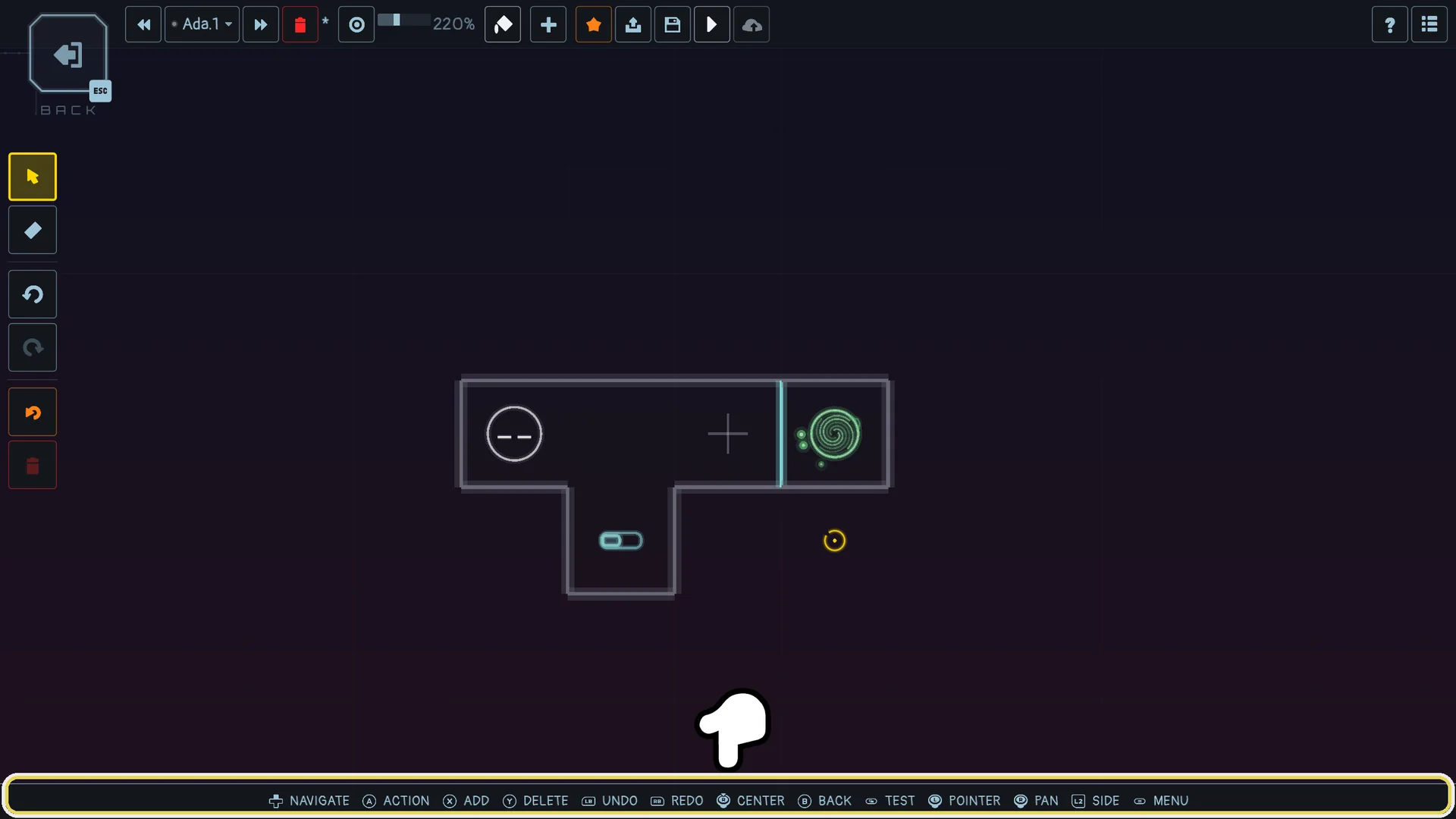 With a gamepad: the pointer on the grid and the button line at the bottom