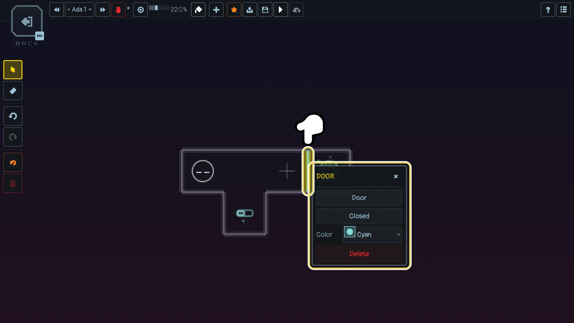 Clicking the door opens its pop-up: Door or Wall, Open or Closed, colour, Delete