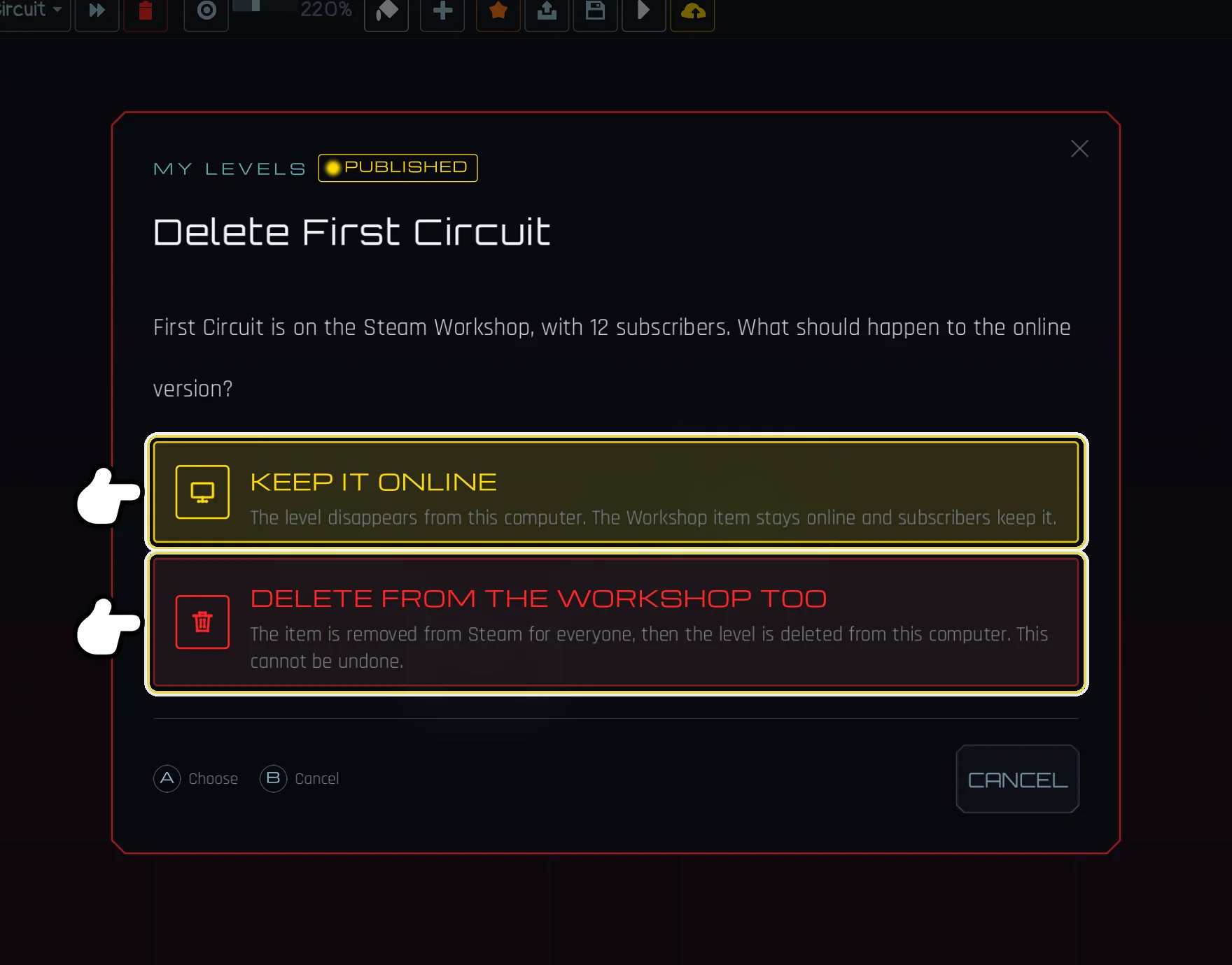 Deleting a published level: keep it online, or delete it from the Workshop too
