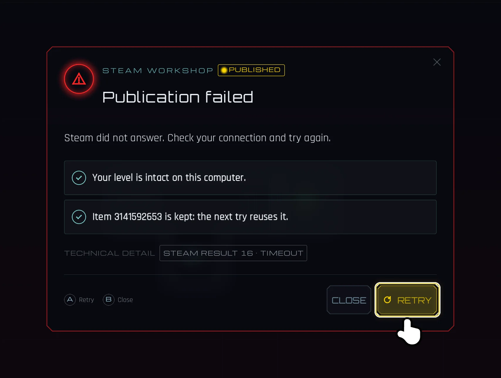 Publication failed: the reason, what is kept, and RETRY
