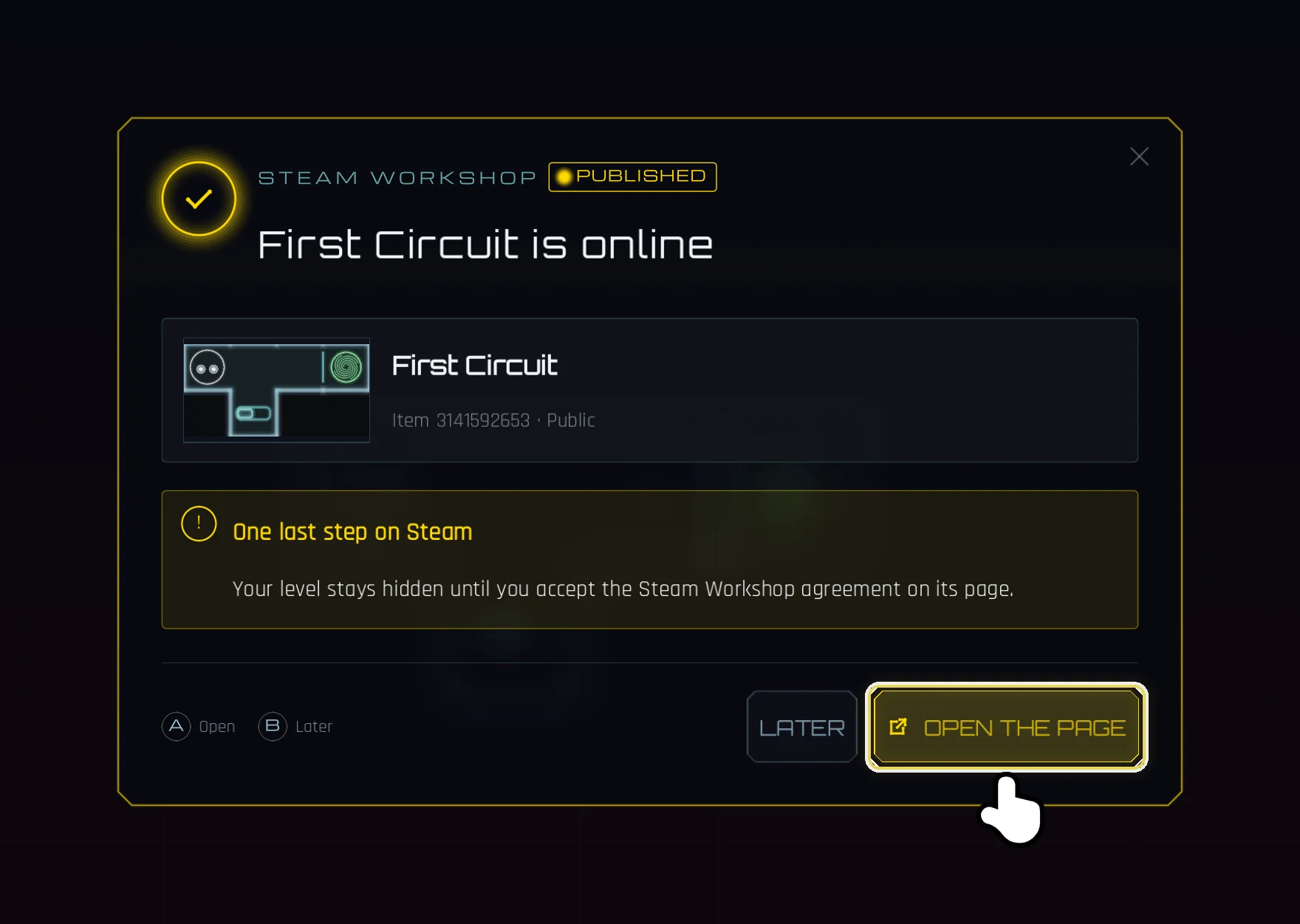 Your level is online: OPEN THE PAGE to accept the Steam Workshop agreement