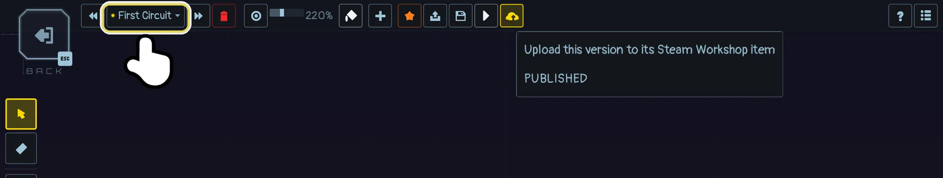 After publishing: the gold dot of a PUBLISHED level, and the cloud now uploads to the same item